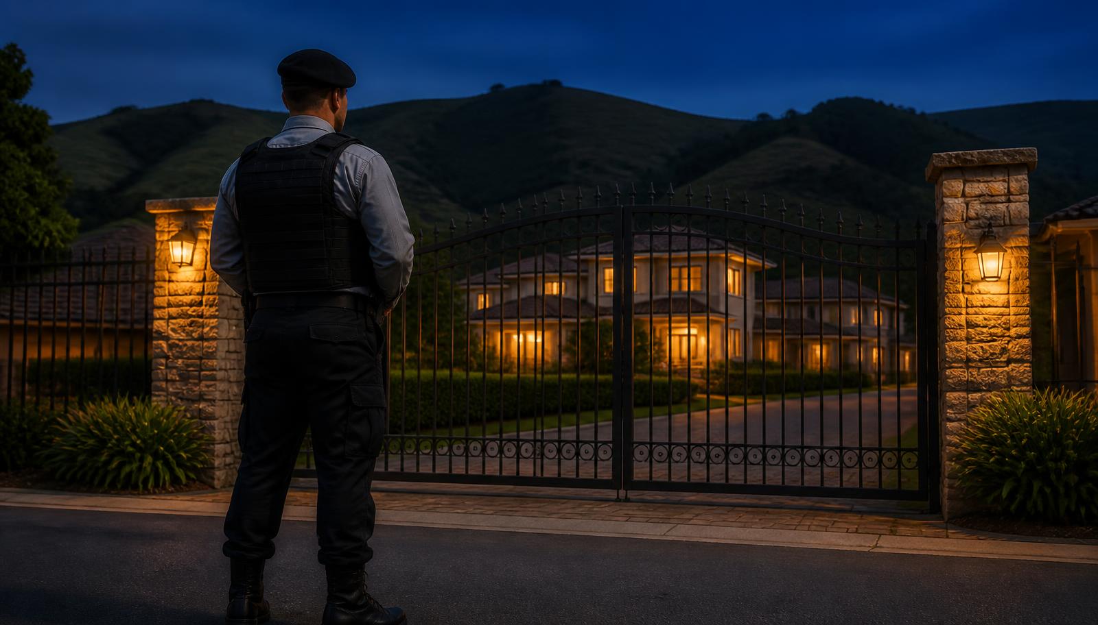 Controlador de acesso da Califórnia de costas diante do portão de um condomínio de casas ao entardecer, com montanhas ao fundo